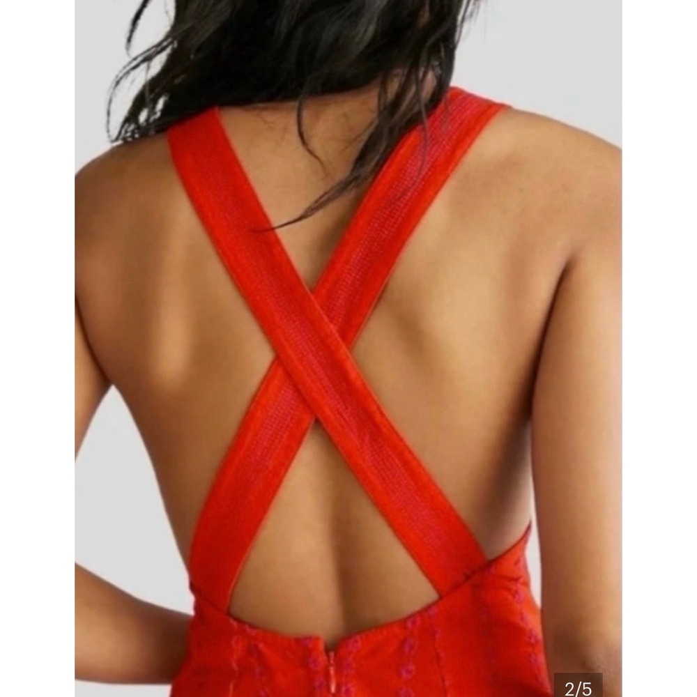 Free People Juni Mini Dress Red Embroidered Halter Open Back Size Large - Picture 2 of 9